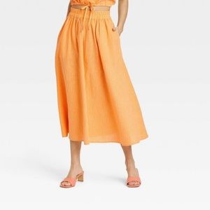 Smocked Waist Mid-Rise Linen A-Line Skirt